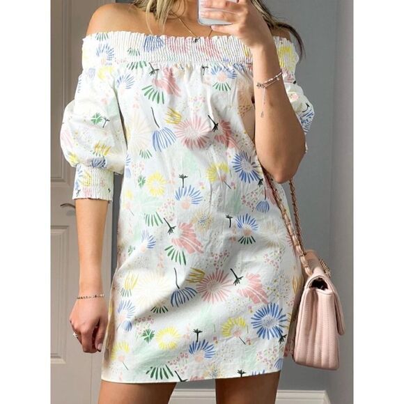 Zara Floral Multicolor Smocked Off-The-Shoulder Mini Dress - size S - Picture 1 of 10
